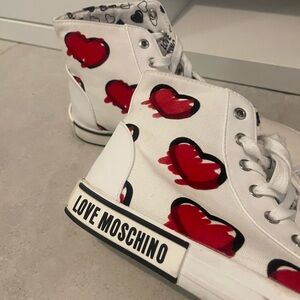 Love Moschino White and Red Heart High-Top Sneakers